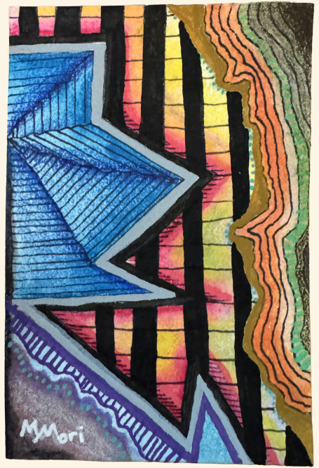 Abstract artwork featuring vibrant blue shapes against a colorful, textured background.