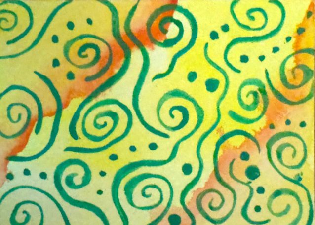 Colorful abstract swirls and dots in green and yellow tones.