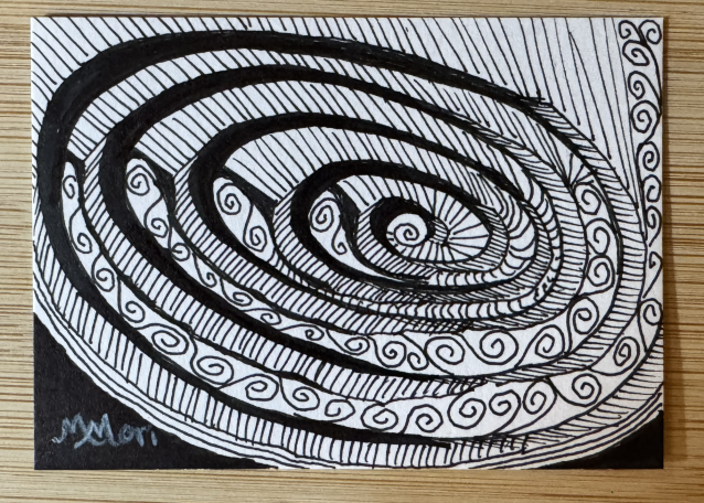 Abstract black and white spiral pattern with intricate swirling lines and shapes.