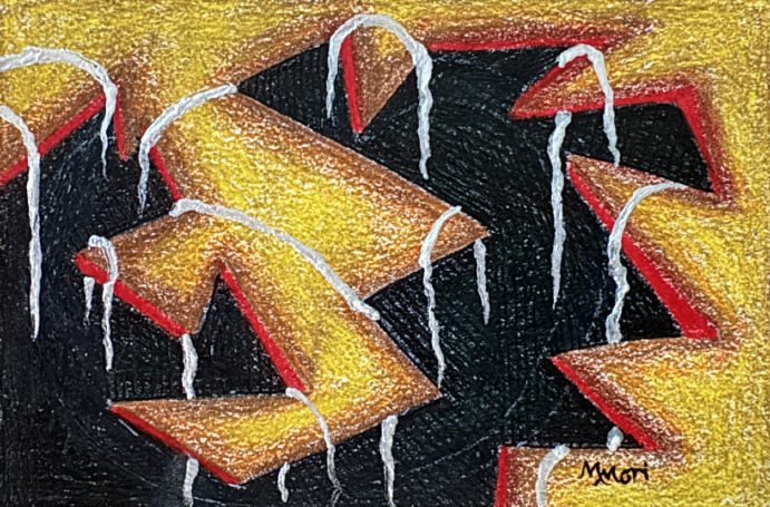 Abstract artwork featuring yellow geometric shapes with white dripping accents against a dark background.