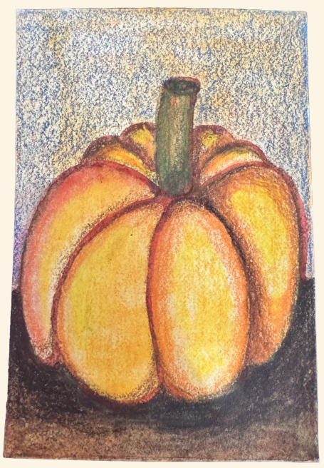 Depiction of a large pumpkin with a green stem, set against a textured background.