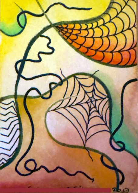 Colorful abstract art featuring spider webs and flowing lines on a bright background.