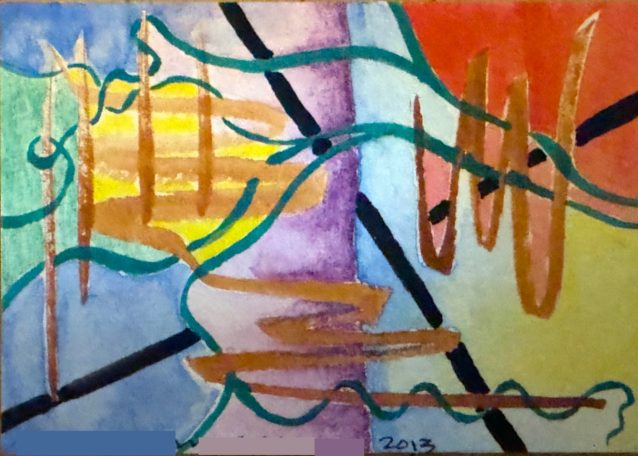 Abstract painting with vibrant colors and dynamic lines intersecting.