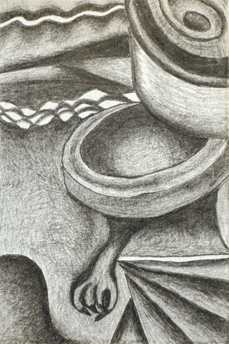 Abstract black and white drawing featuring circular shapes and a hand-like figure.